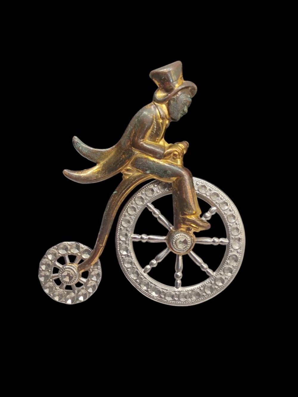 High Wheel Bicycle Brooch Penny Farthing Man & Spinning Wheel Gold Silver Tone